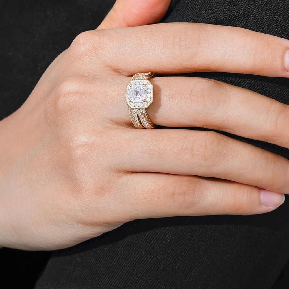 Gold Plated Sterling Silver Antique Ring set with Asscher-Cut Cubic Zirc…